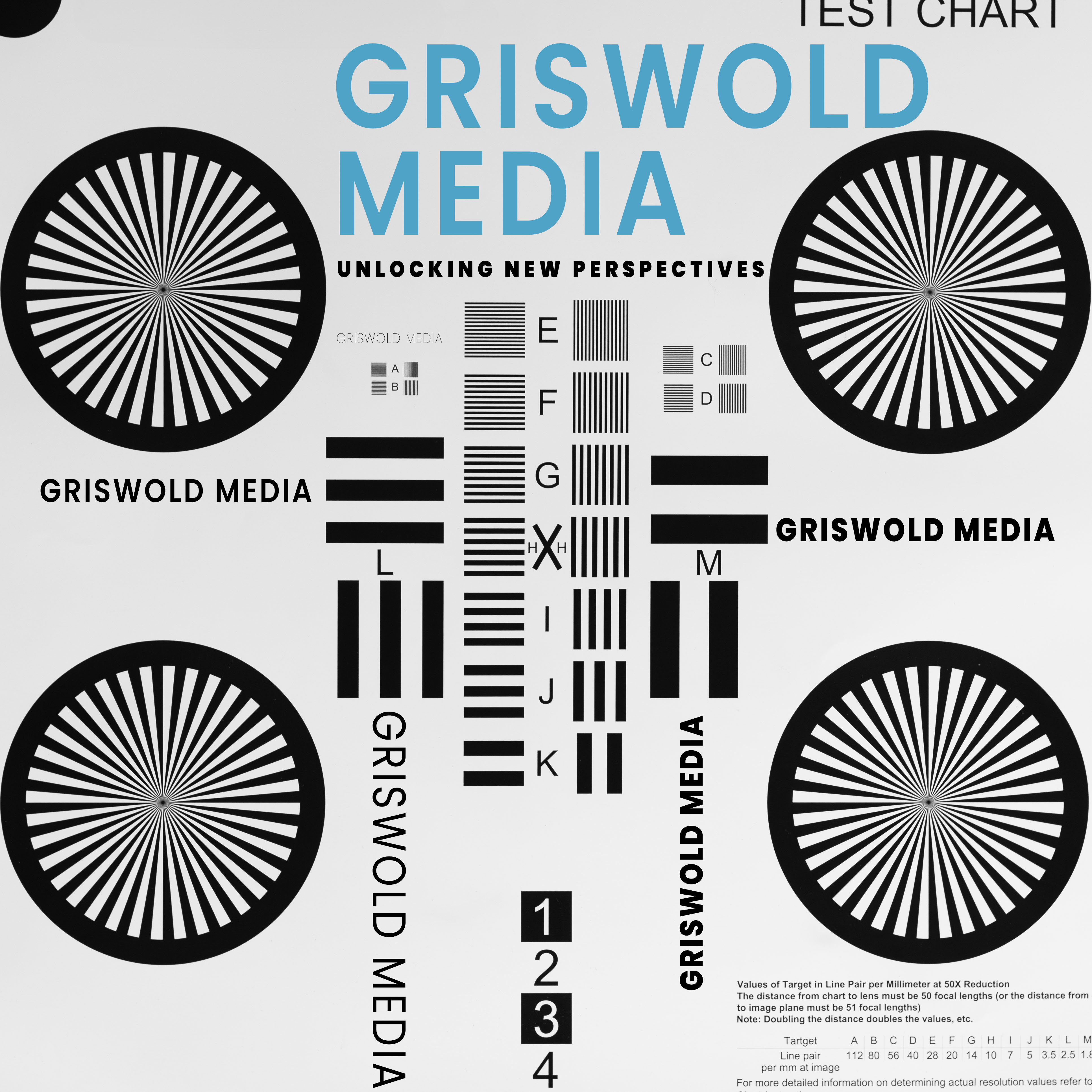 Griswold Media in blue text on top of a lens test chart design